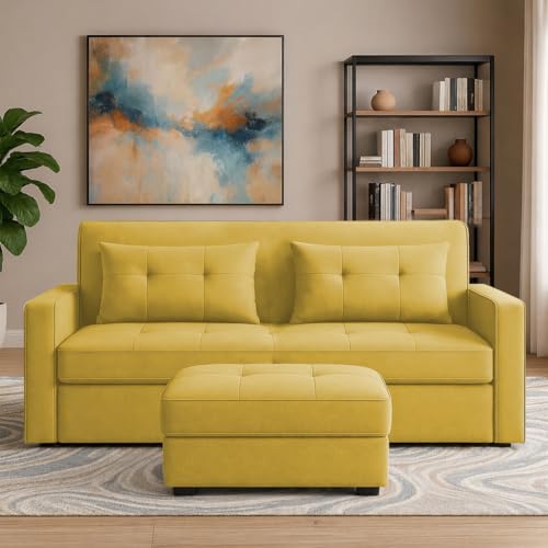 Image of Emilio 2-Seater Sofa Cum Bed for Living Room, Office & Home with Center Table | Premium Fabric Pull-Out Sofa Set with 1 Year Warranty | Space Saving Convertible Sleeper Sofa | Yelllow Colour