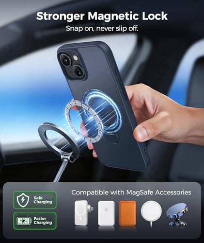 Image of FNTCASE for iPhone 15 Plus Case: iPhone 14 Plus Phone Case [360 Spin Magnetic Stand] [Compatible with Magsafe] [Screen Protector] Translucent Matte Military Grade Shockproof Phone Cover - Deep Blue
