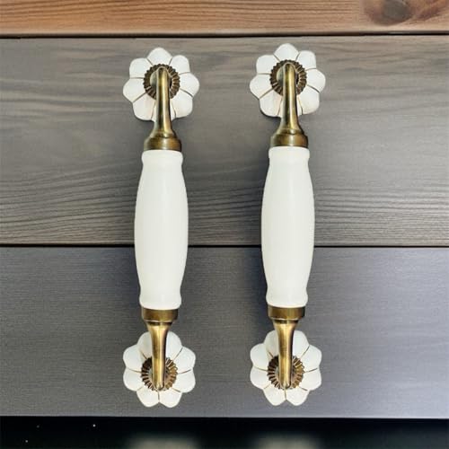 Image of Maison Belle Ceramic Door Handle Gold Antique Finish - (Size 7 Inch, White - Multi Flower Hand Painted) - Hole to Hole 5 INCH (Pack of 1) (White Gold - 8.5 INCH)