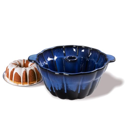 Image of Emeril Lagasse Fluted Cake Pan Stoneware 9.5 in - Pound Cake Baking Pan, Perfect for Baking Delicious Cakes! (Dark Blue)