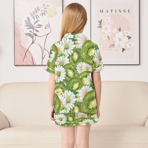 ALAZA Kiwi Fruit Daisy Flower Green Pajamas Satin Pajama Set Short Sleeve Button Down Sleepwear4