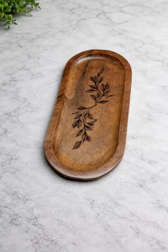 Image of Wooden Jewelry Tray, Oval Shape, L x B x H = 10 x 5 x 0.5 Inch Floral Design, Natural Wood Finish, Organizer for Rings, Necklaces, Earrings And Snacks Serving (Leaf 1)
