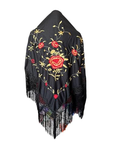 Genérico FLAMENKA ROCIERA Mantón de Flamenca, Mantoncillo Bordado Floral, 150x80cm con Flecos de 24cm, Poliéster