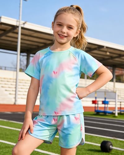 Image of DISAUR Girls Summer Outfits 2 Piece Matching Sets Tie Dye T Shirt and Shorts Set with Pockets for Girls 4-10 Years