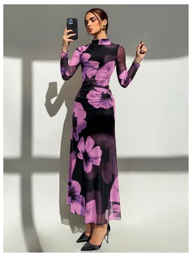 Image of Verdusa Women's Floral Wedding Guest Dress Long Sleeve Mesh Slimming Cocktail Vacation Maxi Dresses