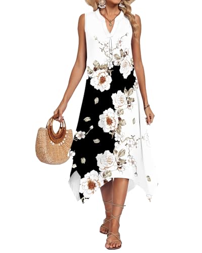 Image of AUSELILY Womens Summer Midi Dress V Neck Sleeveless Casual with Pockets | Flowy womens summer dress with asymmetrical hem, great for beach, vacation and daily wear