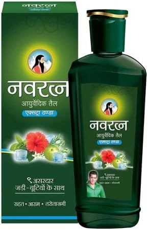Navratna Extra Cool Hair Oil 90ml - Ayurvedisches Haaröl mit 9 Kräutern gegen Kopfschmerzen, Stress, Schlaflosigkeit & Müdigkeit | Mit Kajal Sticker kühlend & entspannend