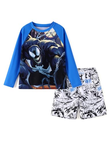 Disney Marvel Venom Boys Swim Set Child Quick Dry Swimsuit Beach Bathing Suit Long Sleeve Blue Swimwear Set Summer Rash Guard Shirt & Swim Trunks Tween Boy Clothes UPF 50+ 2 Pieces Outfit 12-13 Years