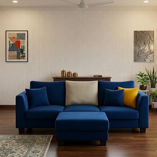 Image of SOCOZI Trevano 4 Seater L Shape Sofa Set with Movable Ottoman | Flexible Left or Right Layout | Soft Velvet Suede Fabric | Modern Design | Plush Comfort Cushions for Living Room (Blue -Light Grey)