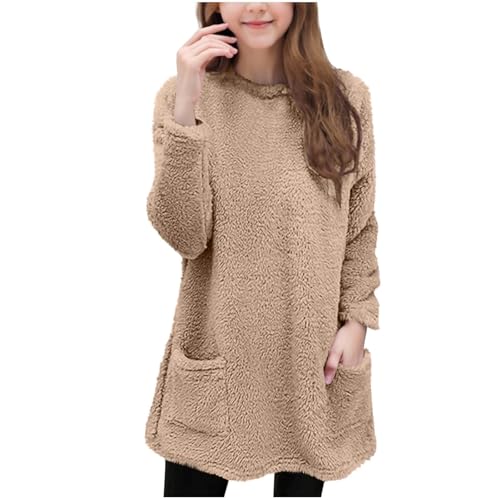 Teen Girls Plush Pullover Sweater Long Crew Neck Fuzzy Fleece Fall Winter Outwear Kids Soft Thick Coats with Pockets