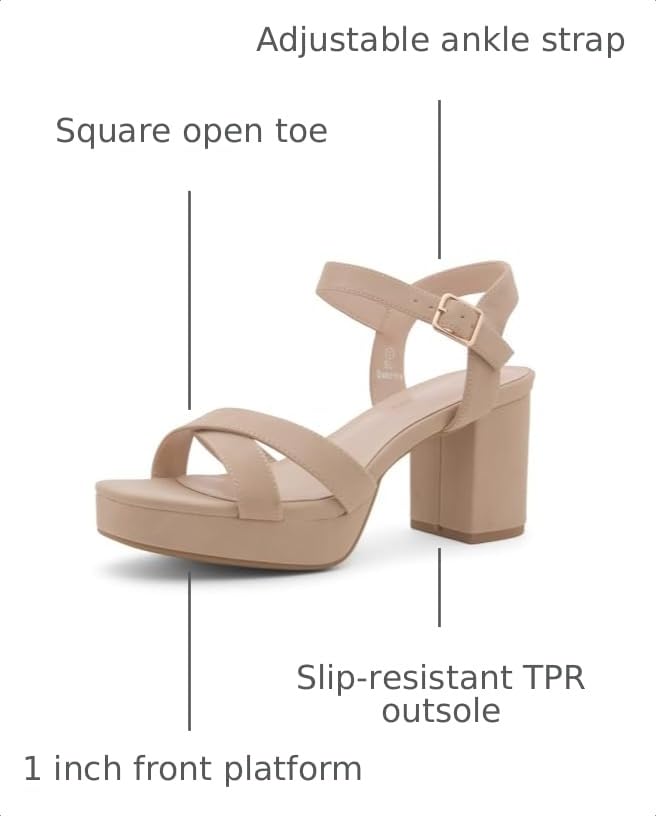 Image of Shoe Land Platform Heels for Women - 3 Inch Chunky Block Heeled Sandals, Square Open Toe, Ankle Strap Dressy Strappy High Heels for Wedding, Party & Evening Events