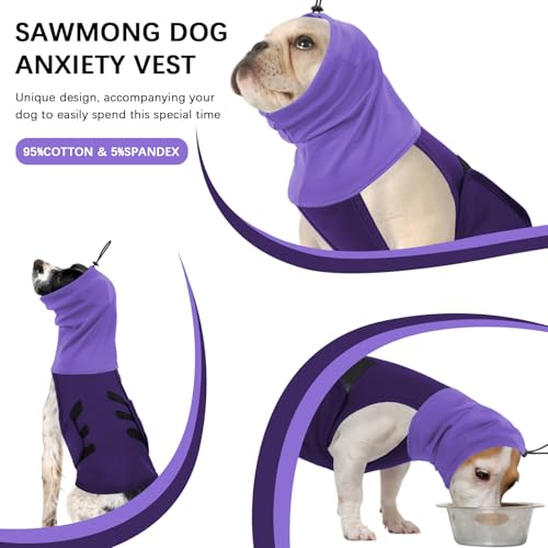 Image of SAWMONG Dog Anxiety Vest, Breathable Calming Shirt Adjustable Chest & Hood for Dogs, Soft Pet Stress Relief Calming Coat Wraps Ears for Noise, Thunderstorms, Fireworks and Separation(Purple, Medium)