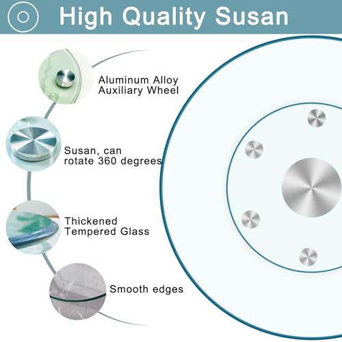 20'' Glass Lazy Susan Turntable Dining Table, 360° Large Round Serving Plate Tabletop Rotating Tray with with 6 Elegance Assist Rotating Wheels, Serving Plate Silent & Smooth Spin, (20inch/51cm)