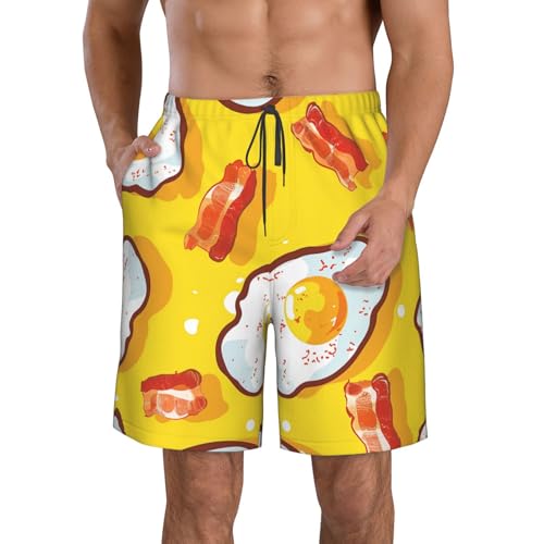 Men's Quick Dry Swim Shorts Fried Eggs and Bacon Food Cartoon Cute Yellow Beach Trunks with Pockets