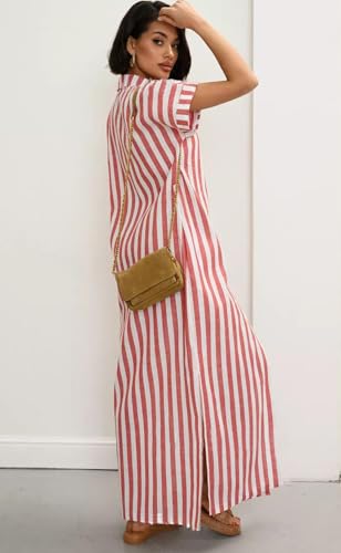 utcoco Women's 2025 Striped Short Sleeve Cotton Maxi Shirt Dress Belted Side Slit Button Down Dress with Pockets2