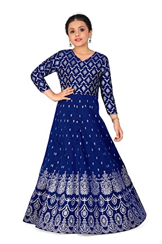 Image of Fashion Dream Girl's Dark Blue Taffeta Maxi Length Foil Printed Dress|Maxi Dress|Printed Dress(FDGDRS00038 DBL 40 Dark Blue 13 Years-14 Years)