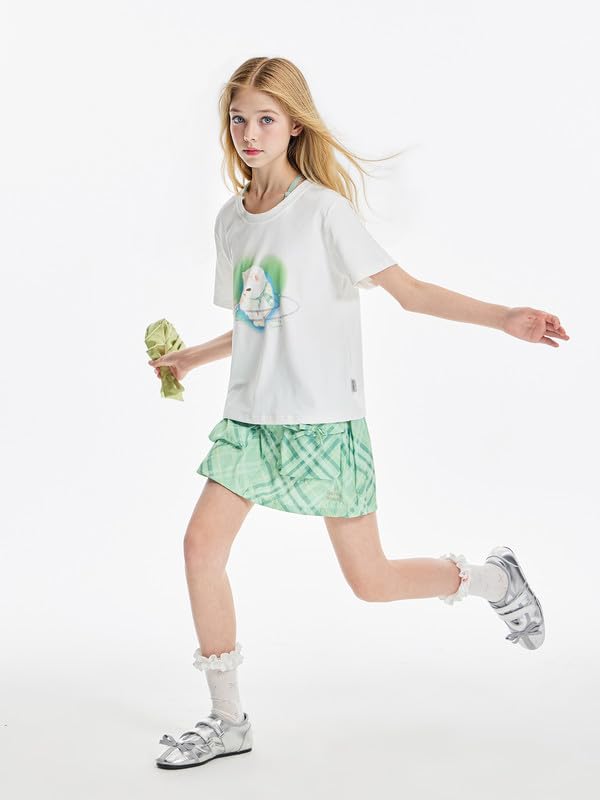 Girls Shirts,White Cat & Green Heart & Sequin Embellished Graphic Tee - Cute Casual Top with Glitter Details 6-16Y2