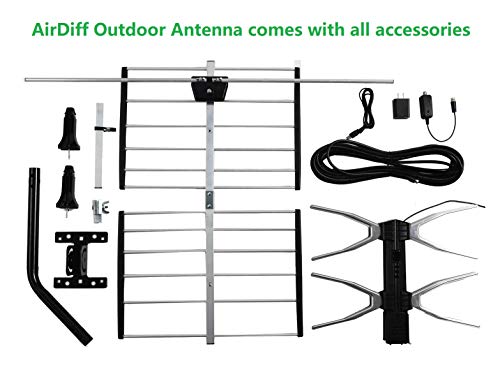 Airdiff Hdtv Digital Outdoor Antenna Amplified 150 Miles Long Range - Uhf/Vhf Signals/Hardware Mounting Pole/ 40 Feet Rg6 Coaxial Cable/Easy Install #TOP1