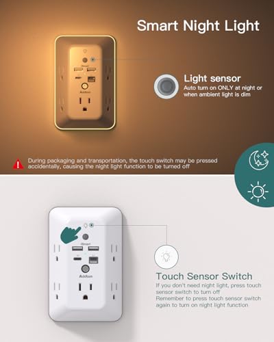 Addtam Surge Protector Outlet Extender, Plug Extension Outlet with Night Light, 5-Outlet Splitter and 4 USB Ports(PD 30W), Multi Plug Wall Outlet for Home Office Dorm Room Essentials