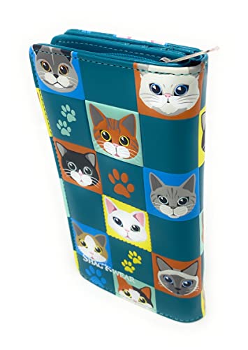 Shag Wear Cat Checkers Large Animal Wallet for Women and Teen Girls Vegan Faux Leather 7" Teal2