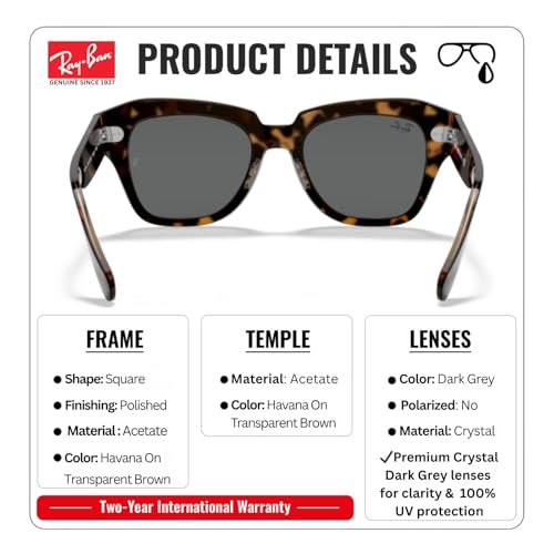 Image of Ray-Ban RB2186 STATE STREET Square Shaped Sunglasses for Women with Official RAYBAN Eyewear Kit