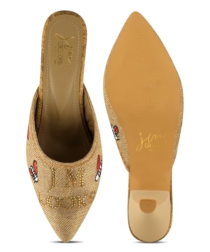 Image of JM LOOKS Pointed Toe Kitten Heel Mules Featuring Exquisite Bee Embroidery and Shimmering Textured Fabric Finish