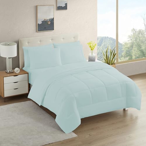 Sweet Home Collection 7 Piece Comforter Set Bag Solid Color All Season Soft Down Alternative Blanket & Luxurious Microfiber Bed Sheets, Aqua, Twin