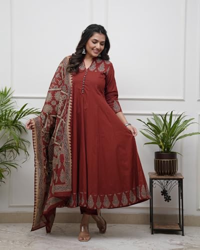 Image of GoSriKi Women's Rayon Viscose Anarkali Printed Kurta Pant with Dupatta | Anarkali Kurta Set for Women | Flared Kurti Pant Set | Ethnic Printed Suit for Women