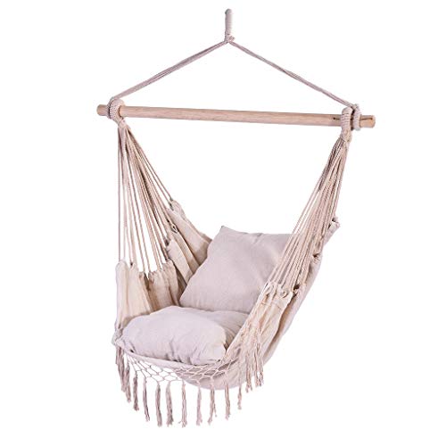 Hammock Chair Hanging Swing,Outdoor / Indoor and Outdoor Use | Large Swinging Seat Chair for Patio, Bedroom, or Tree - Boho Decor - Swinging Porch Seat - with 2 Cushions (White)