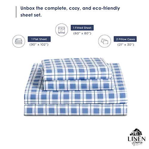 Image of Linen Home Cotton Lyocell Blend Percale Sheet Set Queen Size - 4 Piece Deep Pocket Bedding, Pre-Washed & Shrunk, Crisp Cooling Fabric, Fade-Resistant, Hotel Luxury, Wrinkle-Free - Checks Denim Blue