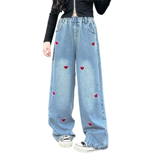 Moonker Baggy Jeans for Girls Love Heart Embroidery Wide Leg Straight Denim Pants Teen Elastic Hight Waist Y2k3