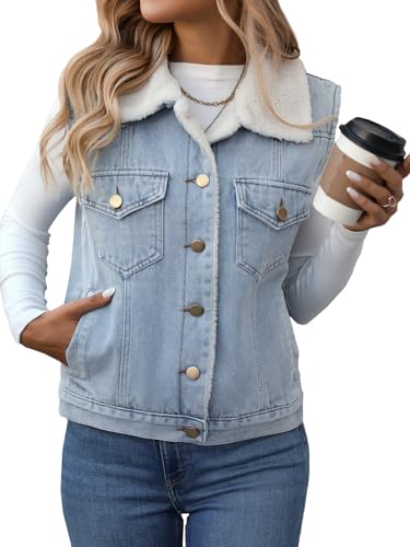 Denim Vest with Faux Fur Collar for Women