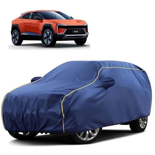 Image of Sulfar 100% Water Resistant Car Body Cover Compatible with Mirror for Mahindra BE 6 (Triple Stitched, Full Bottom Elastic, Blue Tafetta with Yellow Piping)