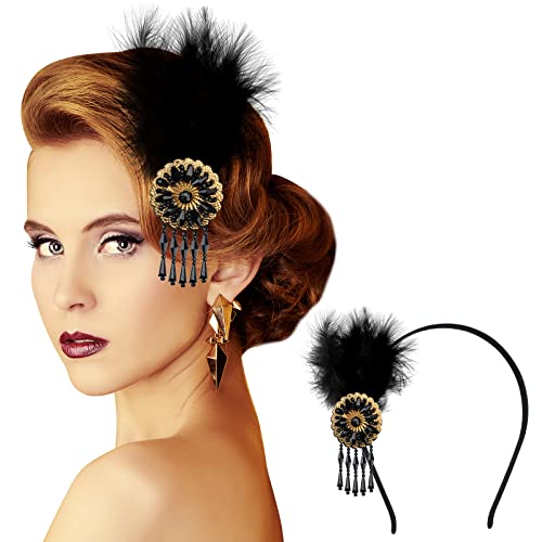 Accessoires de Costumes des Années 20 Bandeau Plumes Vintage Serre-Tête Plumes Bandeau Fascinator Serre-Tête Fascinateur Bandeau Flapper avec Cristal pour Femme Fête Art Décoration, Noir
