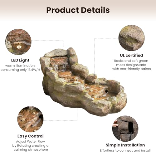 Image of Bumilgar 42 in Natural-Style Tier Garden Rock Water Fountain Outdoor, Floor-Standing Fountains that Feature Gentle Waterfall and LED Lights for Patio, Backyard, Deck, Porch, Home Decor
