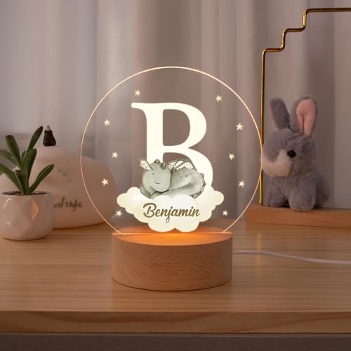 Personalized Dreamy Dragon LED Night Light Custom Name and Initial Night Light with Wooden Base Nursery Decor Gift for Kids