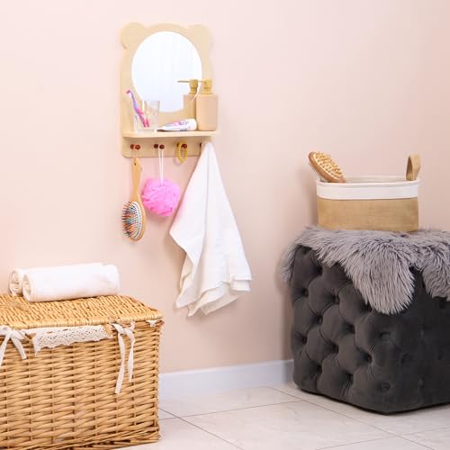 ODOXIA Montessori Badezimmerspiegel mit Haken | Kinderspiegel Badezimmer mit Ablage | Montessori Möbel zur Selbstständigkeit | Montessori Spiegel mit Regal und Haken für Kinder | Selbstpflege Station