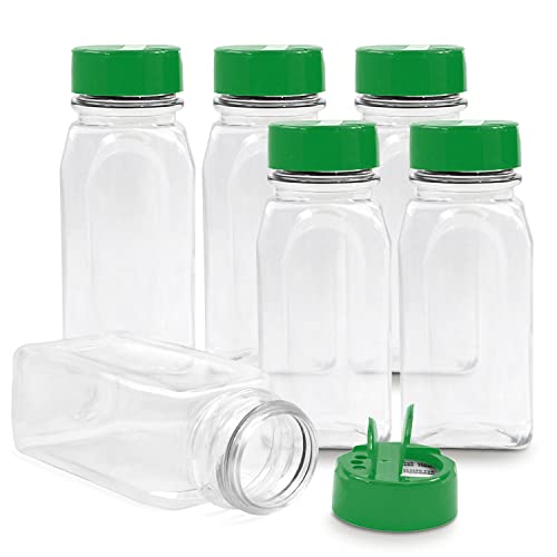 RoyalHouse 6 Pack 14 Oz Plastic Spice Jars with Green Cap, Clear and Safe Plastic Bottle Containers with Shaker Lids for Storing Spice, Herbs and Seasoning Powders, BPA Free, Made in USA