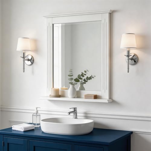 Tangkula Bathroom Mirror with Shelf, Rectangle Over Sink Wall Mirror, Hanging Vanity Mirror for Dressing Room Washroom Bedroom, Modern Concise Mirror (White)