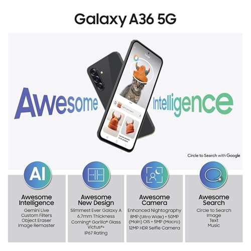 Image of Samsung Galaxy A36 5G (Awesome Black, 12GB, 256GB) | Awesome Intelligence: Circle to Search, Intelligent Editing | Awesome 4nm Snapdragon Processor | Flagship Grade Selfie Camera