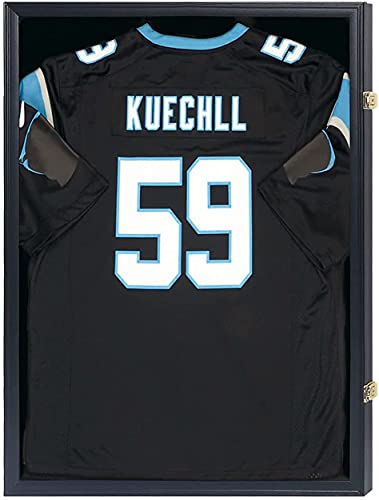 IHEIPYE Jersey Frame Display Case,Jersey Shadow Box Lockable with 98% UV Protection Acrylic and Hanger for Baseball Basketball Football Soccer Hockey 2XL Sport Jersey Shirt and Uniform Black