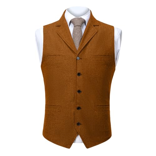Mens Vintage Tweed Suit Vest Herringbone Workwear Western Classic Waistcoat Casual V Neck Button down Suit Vest