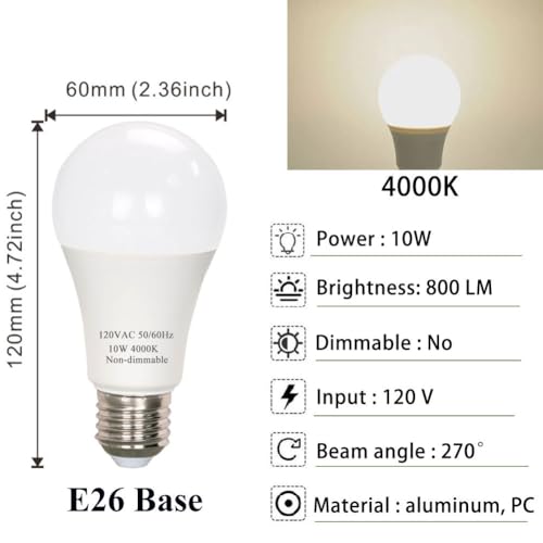 LEDBEFINE A19 LED Light Bulbs 4000K Neutral White 60 Watt Equivalent, Enery Efficient 10W LED Bulbs 800 Lumens, Non-dimmable, 6-Pack by LEDBEFINE - Used condition - Image 2