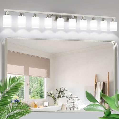 Image of 10-Light Bathroom Vanity Light Brushed Nickel 64.5in Vanity Lights | White Frosted Ribbed Glass Shade Modern Bathroom Wall Lights Fixtures over Mirror Wall Sconces Lighting E26 Base