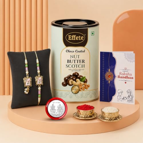 Image of Vacalvers Rakhi with Chocolate for Bhai & Bhabhi - Stylish Design Rakhi with Butter Scotch Chocolate 96 Gm, Tilak Set, Silver Color Pooja Coin, Greeting Card - Raksha Bandhan Combo for Bhai (K1 X8+BS96)