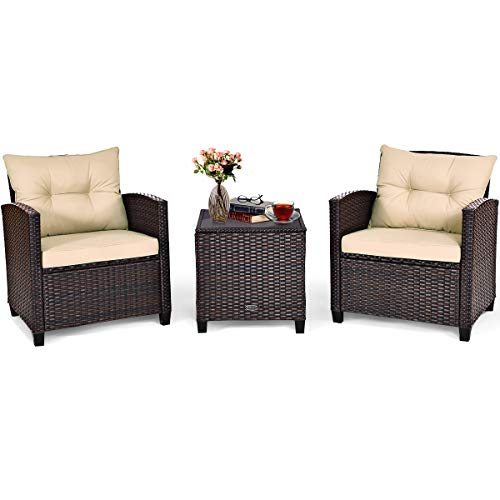 COSTWAY 3PCS Patio Furniture Set, PE Rattan Wicker Sofa w/Washable Cushion and Coffee Table, Tempered Glass Tabletop, Outdoor Conversation Set for Balcony, Porch, Yard, Backyard, Lawn, Beige