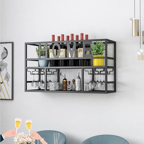 Casier à vin mural métal noir étagère bouteille alcool avec support verres