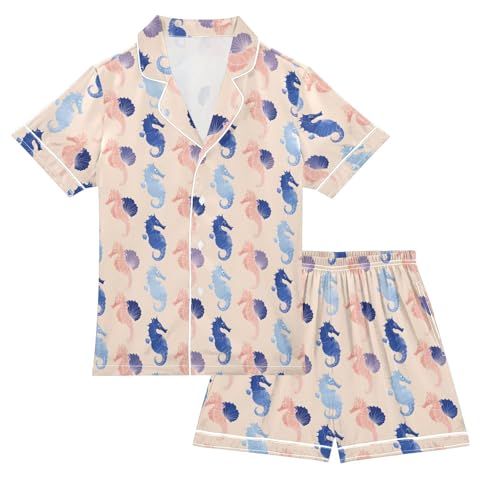Blue Pink Seahorse Pajamas Sets Short Sleeve Silk Stain Pjs Button Down Sleepwear for 5-14Y