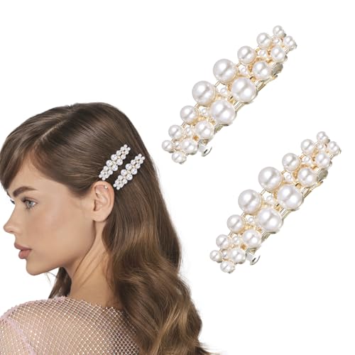 Shimmeroo 2Pcs Short Pearl Barrettes for Women Classic Small Pearl Hair Clips French Bridal Hair Pins for Party Wedding Fancy Barrettes Not for Thick Hairs - 2.2 Inch
