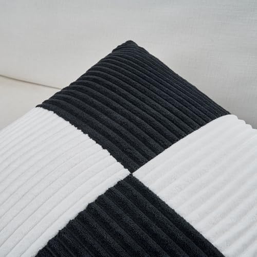 Image of Fancy Homi Set of 2 Black White Decorative Throw Pillow Covers 20x20 Inch for Living Room Couch Bed Sofa, Farmhouse Boho Home Decor, Soft Cross Corduroy Patchwork Accent Square Cushion Case 50x50 cm
